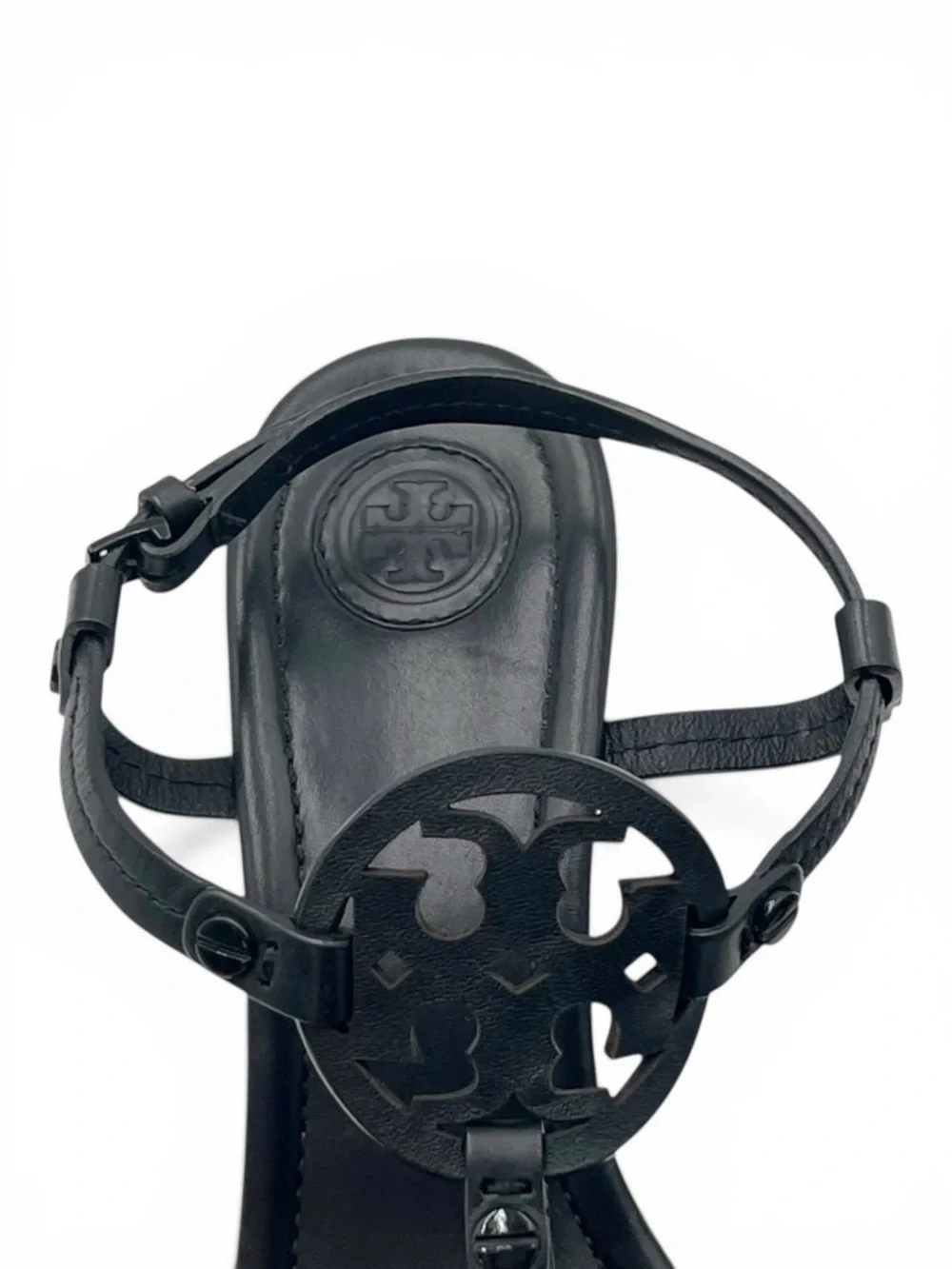 Tory Burch Miller Wedge Sandals Perfect Black Leather Logo T Strap Size 8